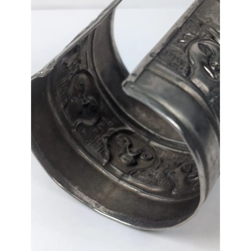 Vintage Boho Wide Cuff Bracelet Embossed  Silver Tone Ornate Carved Faces 2X2.5